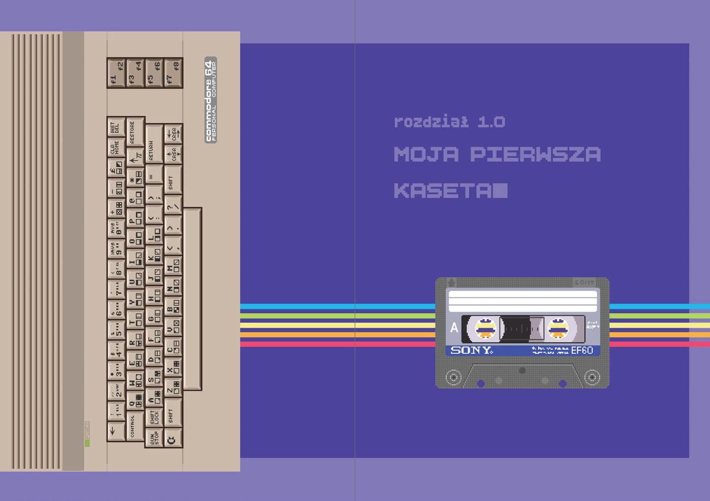 Rozkładówka otwierająca rozdział 1.0 „Moja pierwsza kaseta” z klawiaturą Commodore 64